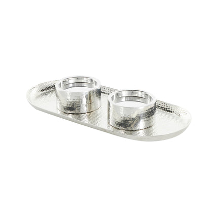 Deco 79 Stainless Steel Metal Decorative Candle Holder Hammered Candle Stand with Oval Tray Plate, Candlestick Holder 16" x 7" x 2", Silver
