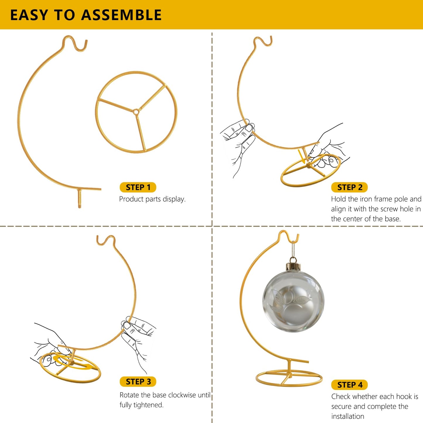 MADOCEGO Ornament Display Stand,Assembled Display Stand with Hook,Iron Pothook Stand for Hanging Glass Globe, Air Plant Terrarium, Home Wedding Decoration ( Gold )