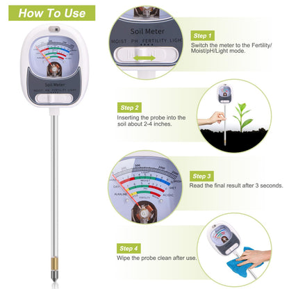 HSLGOVE 4-in-1 Soil Test Kit – Soil Moisture Meter, pH, Fertility & Sun-Light, No Battery Required, Large Dial Soil Tester for Indoor & Outdoor Gardening, Lawn, Farm –Stonewhite