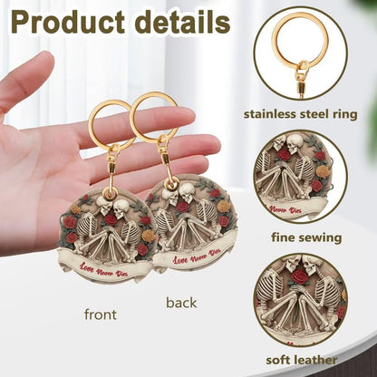Couple Skull Leather Keychain Holder Compatible with Air Tag, Protective Access Card Cover, Halloween GPS Tracker Case for Pets, Bags, Kids