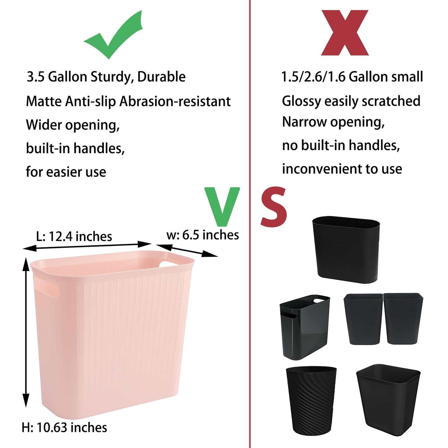 rejomiik Small Trash Can, 3.5 Gallon Garbage Can Slim Waste Basket Plastic Trash Bin Container with Handles for Bathroom, Bedroom, Office, Home, Dorm Room, Kitchen, Rectangular, Rosette Pink
