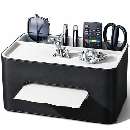 PU Leather Tissue Box Cover Rectangular with Storage Organizer Tray, Multifunctional Remote Control Holder, Desk Organizer for Living Room, Bedroom, Office, Decorative Tissue Holder Black