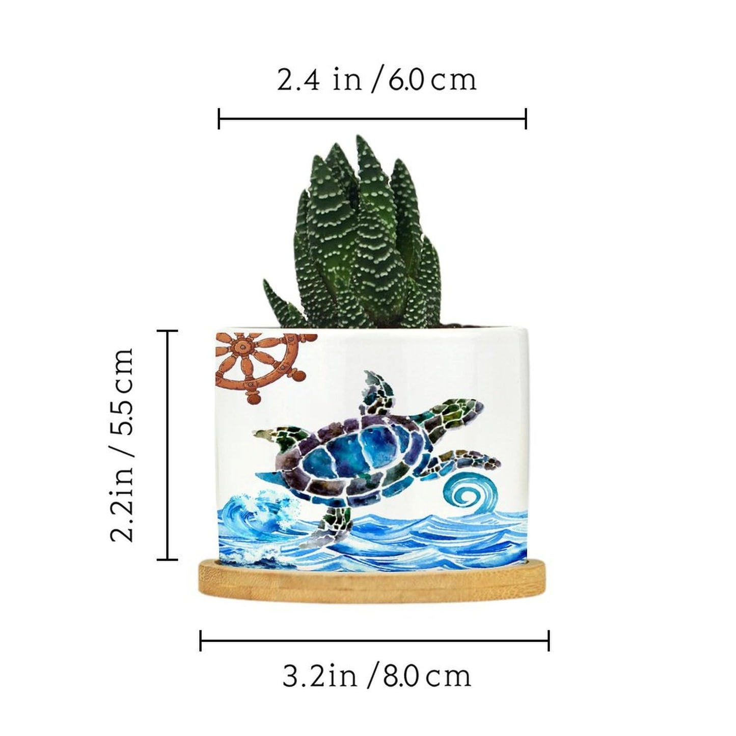 DreamAutumn Ocean Theme Sea Turtle Planter Ceramic Round Plant Pots with Drainage Holes and Bamboo Tray Planting Small Flower Pots for Home Windowsill Desk Garden Indoor Outdoor Use