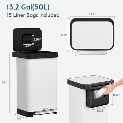 Arlopu 50L/13.2Gal Stainless Steel Trash Can W/15 Inner Bags & Rear Trash Bag Storage Compartment, Kitchen Step Trash Can with Lid & Built-in Deodorizer Box, Garbage Bin W/Foot Pedal (White)