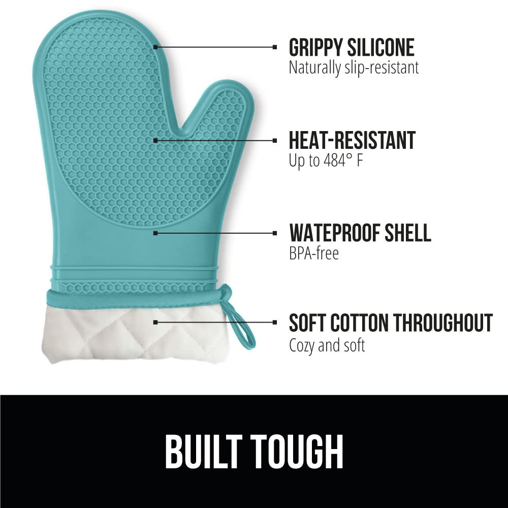 GORILLA GRIP BPA-Free Soft Silicone Oven Mitts and Pot Holders Sets, Heat Resistant Waterproof Cooking Gloves, Thick Cotton Lining, Flexible Gripping for Baking Grilling, Kitchen Trivets, Turquoise