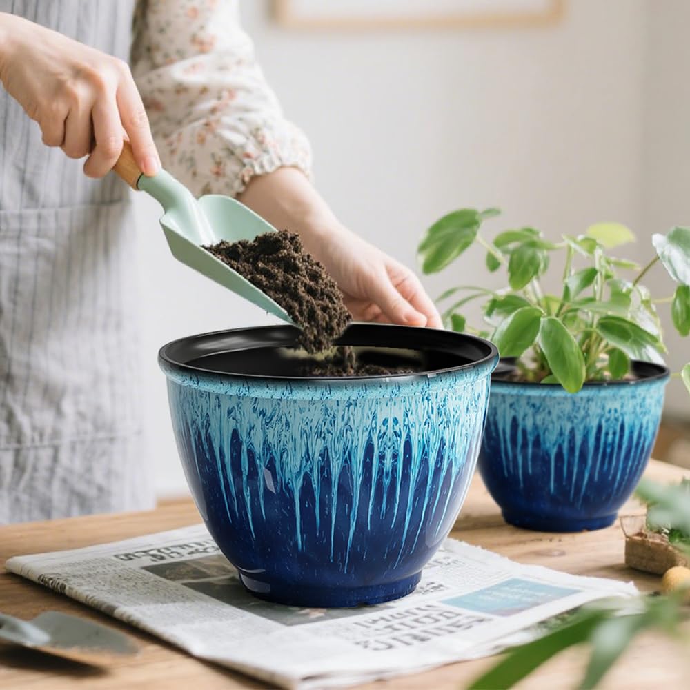 Flower Pots, 8 Inch Plastic Plant Pots for Plants, Set of 4 Planter for Indoor Outdoor Plants with Drainage Hole, Sleek Small Nursery Planting Pot for Home Garden Outdoor Planters(Blue Glaze)