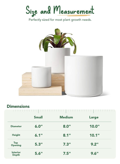 LE TAUCI Ceramic Pots for Plants, 10/8/6 Inch Indoor Planters with Draiange Hole, Silicone Plug & Mesh Pad, Modern Minimalist Pots for Home Office, Set of 3, Satin, White