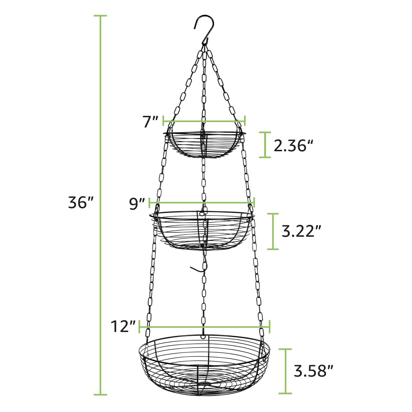HULISEN 3 Tier Hanging Fruit Basket with Banana Hook, 36-Inch Heavy-Duty Wire Hanging Baskets for Kitchen Storage, Vegetable Produce Organizer (Including Installation Bracket)