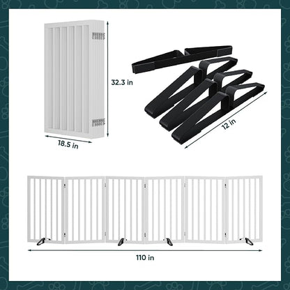 Freestanding Extra Wide Dog Gate Indoor, 6-Panel Wooden Pet Gate with 2 Metal Stands and 360°Hinge, Tall Dog Gates for Doorways, Stairs, Doorways, Kitchen, Foldable Safety Fence, 110"W x 32"H - White