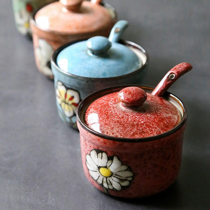 Soyestan Handmade Ceramic Sugar Bowl with Lid and Spoon, 9oz Porcelain Condiment Jar with Hand-Painted Floral Design, Colorful Seasoning Container for Sugar, Salt, Spices Kitchen (Blue)