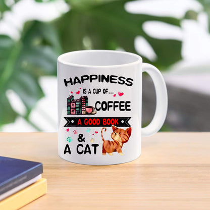 Funny coffee Mug - Book Lovers Reading Mug - Happiness is A Cup of Coffee & A Cat - Cat lovers Mugs, Funny Bookish Coffee Mug, Cat Mug, Teacher Mug - 11 oz Novelty Mug