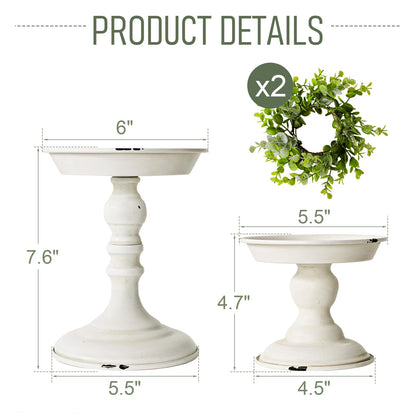 Rustic Iron Pillar Candle Holder: White Farmhouse Candle Holder with Greenery Wreaths Set of 2, Elegant Large Candle sticksholder Decor for Wedding, Coffee Table Centerpieces, Living Room, Home Decor