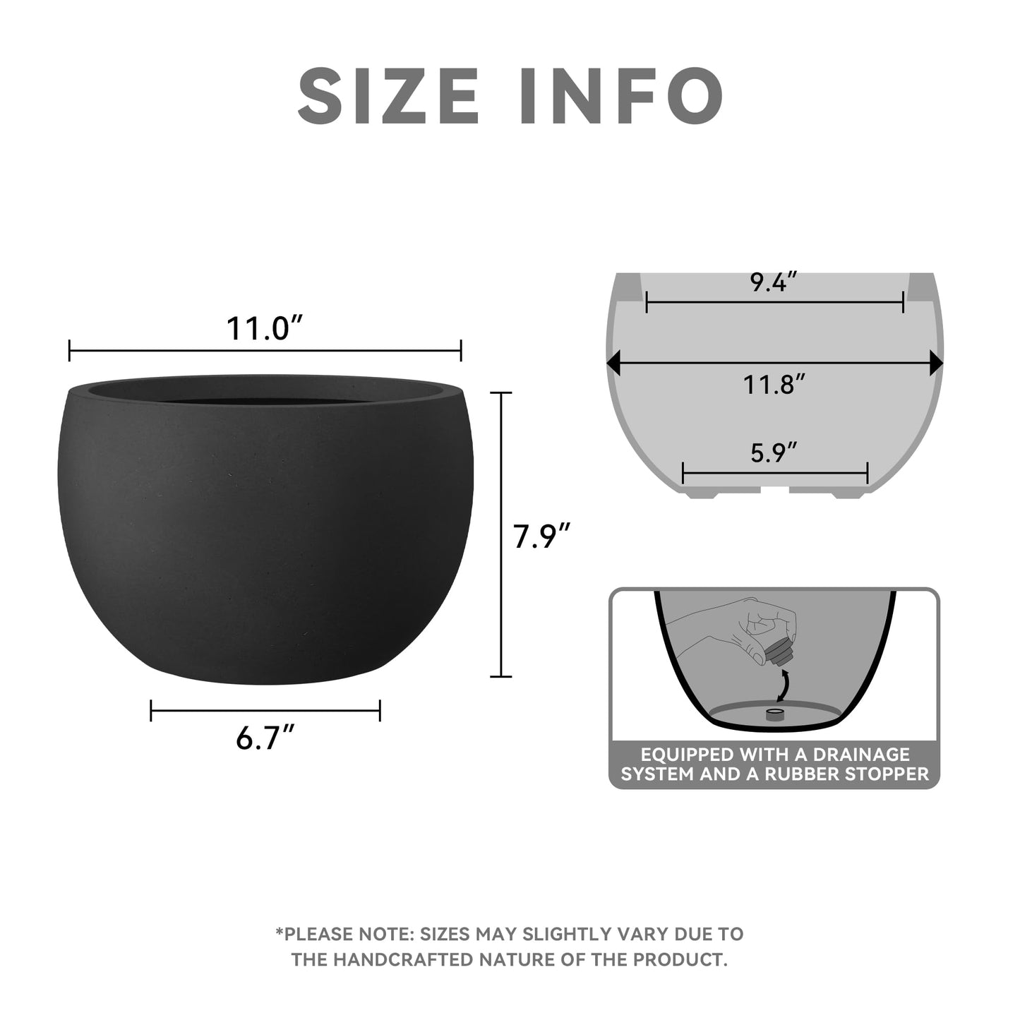 Kante 11.8" Dia Round Concrete Planter, Outdoor/Indoor Large Bowl Plant Pots with Drainage Hole and Rubber Plug for Garden Patio Balcony Home, Black