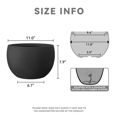 Kante 11.8" Dia Round Concrete Planter, Outdoor/Indoor Large Bowl Plant Pots with Drainage Hole and Rubber Plug for Garden Patio Balcony Home, Black