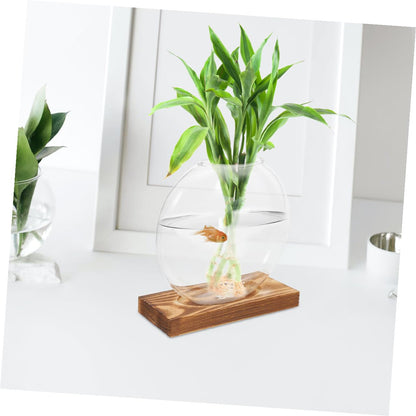HOODANCOS 2Pcs Hydroponic Glass Vases with Wooden Base for Plant Propagation and Root Observation, Plant Terrarium Containers for Home Office Balcony Décor