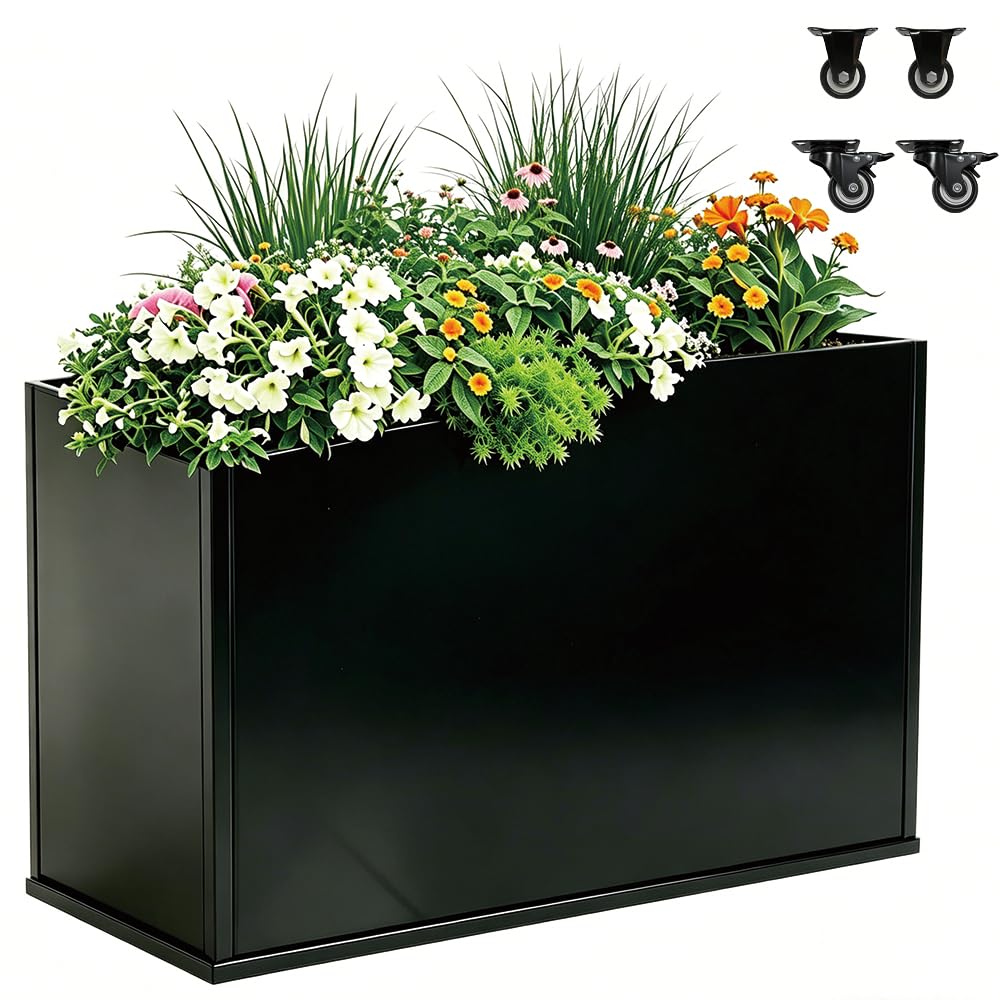 biubiusot Modern Metal Planter Box, Large Rectangular Planter for Outdoor Plants - Heavy Duty Tall Planter Box with Lockable Wheels Outdoor Planter for Porch/Patio/Garden (Black, 38"x12"x24.5")