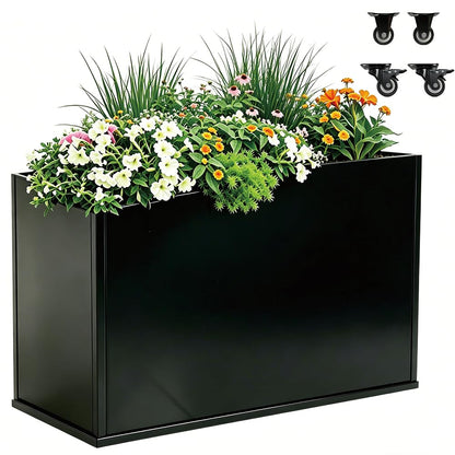 biubiusot Modern Metal Planter Box, Large Rectangular Planter for Outdoor Plants - Heavy Duty Tall Planter Box with Lockable Wheels Outdoor Planter for Porch/Patio/Garden (Black, 38"x12"x24.5")
