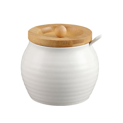 MOLADRI Ceramic Sugar Bowl with Bamboo Lid and Spoon, 11 Oz White Porcelain Sugar Salt Container Holder, Cute Farmhouse Condiment Pot for Creamer, Spice, Sugar Cube, Ghee, Coffee Bar, Countertop