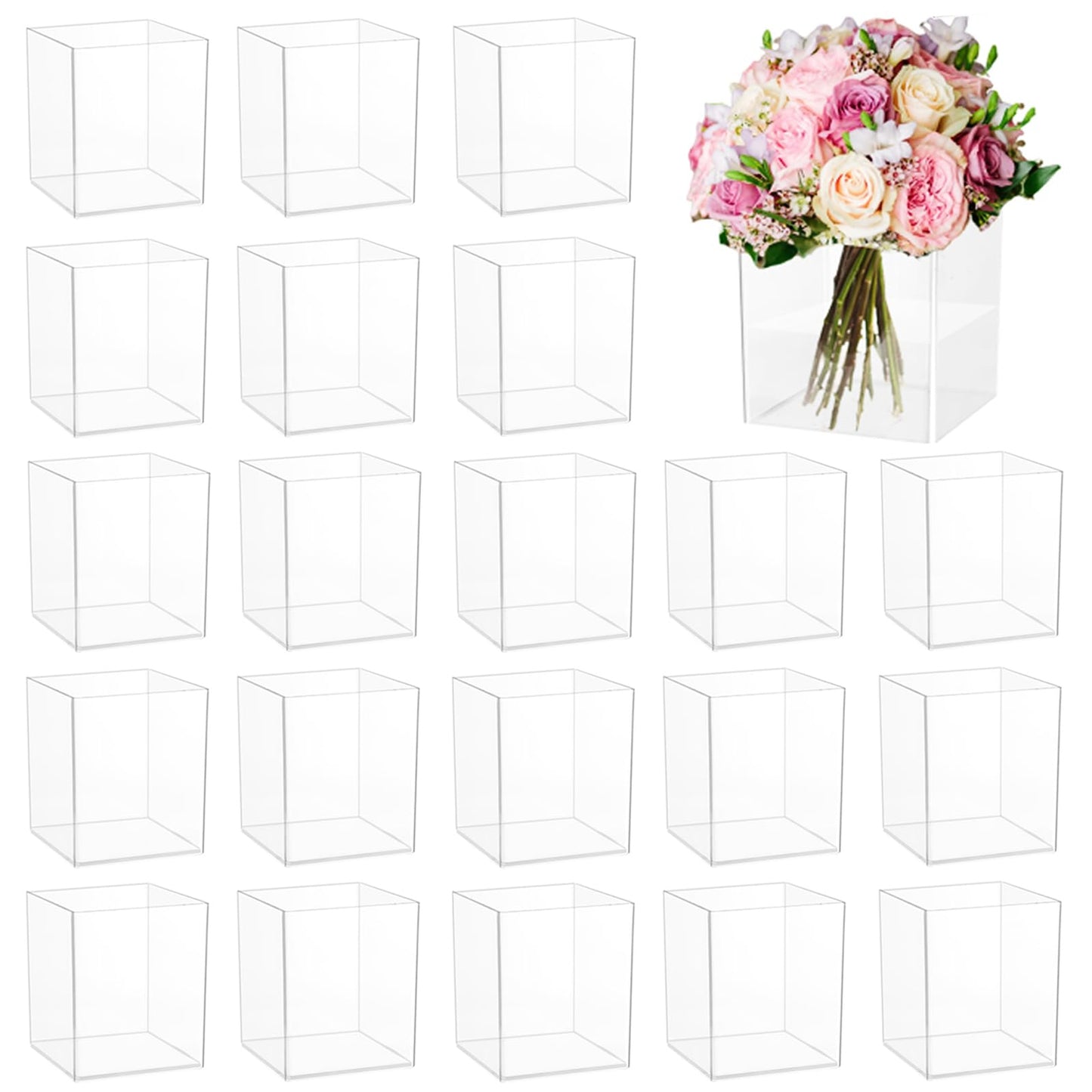 24 Pack Acrylic Vases for Centerpiece, Acrylic Cube Plastic Flower Vase Bulk Succulent Pots Planters Clear Small Square Opening Plastic Vases for Centerpiece Wedding Party Home Office, 4 x 3 x 3 Inch