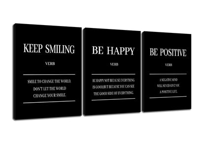 Keep Smiling Be Happy Be Positive 3 Pieces Motivational Canvas Wall Art Entrepreneur Quotes Signs Posters Prints Inspirational Paintings Pictures for Office Gym Decor Ready to Hang [36''W x 16''H]
