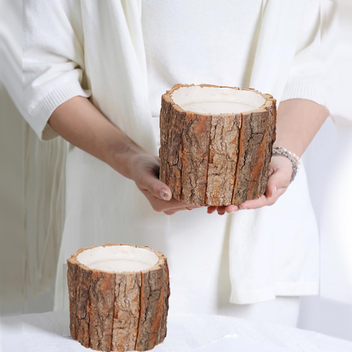 mollensiuer 2Pcs Wooden Bark Flower Buckets Bark Bucket Plant Vase Container Rustic Flower Arrangement Holder Succulent Pot Farmhouse Small Plant Pot for Outdoor Indoor Home Decorations, 2 Sizes