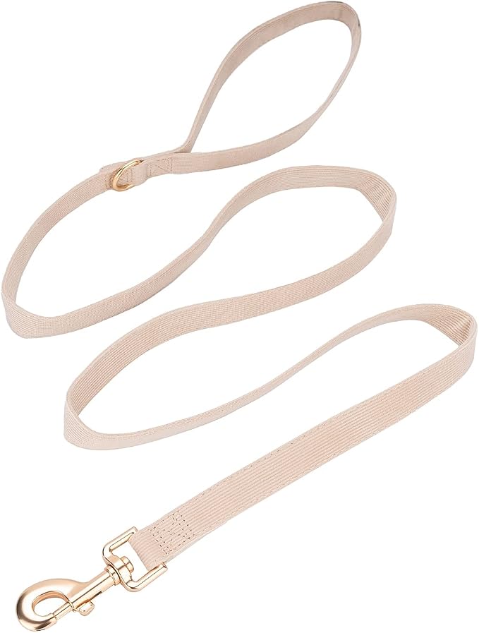 Soft Corduroy Dog Collar and Leash Set Adjustable Durable Wedding Dog Collars with Metal Buckle and Lead for Small Dogs,Beige
