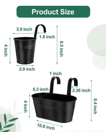 vensovo 10 Pcs Metal Railing Planters Set, 10.8" Oval & 3.9" Round Hanging Flower Pots with Detachable Hooks, Black Fence Planter Baskets for Outdoor Plants, Herbs & Succulents, Garden Decor