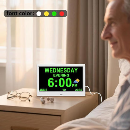 AINFTIME DST Clock with Day and Date for Elderly-3 Display Digital Calendar Alarm Day Dementia Alzheimers Clock with Extra Large Display (10.1 Inch White)