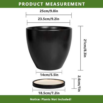 EPFamily Ceramic Planter - 10 Inch Plant Pot with Drainage Hole and Tray, Round Flower Pots, Planters for Indoor Plants, Modern Room Garden Patio Bathroom Living Room Porch Home Decor, Black