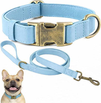 Silicone Dog Collar and Leash Set, Waterproof & Odor-Proof Puppy Collar for Small Dogs, Soft Flexible Leather-Look Dog Collars, Durable Thick Adjustable Pet Collar (Blue, Large (16-24.5" Neck))