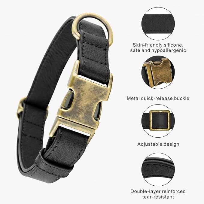 Silicone Dog Collar and Leash Set, Waterproof & Odor-Proof Puppy Collar for Small Dogs, Soft Flexible Leather-Look Dog Collars, Durable Thick Adjustable Pet Collar (Black, Medium (12.5-20" Neck))