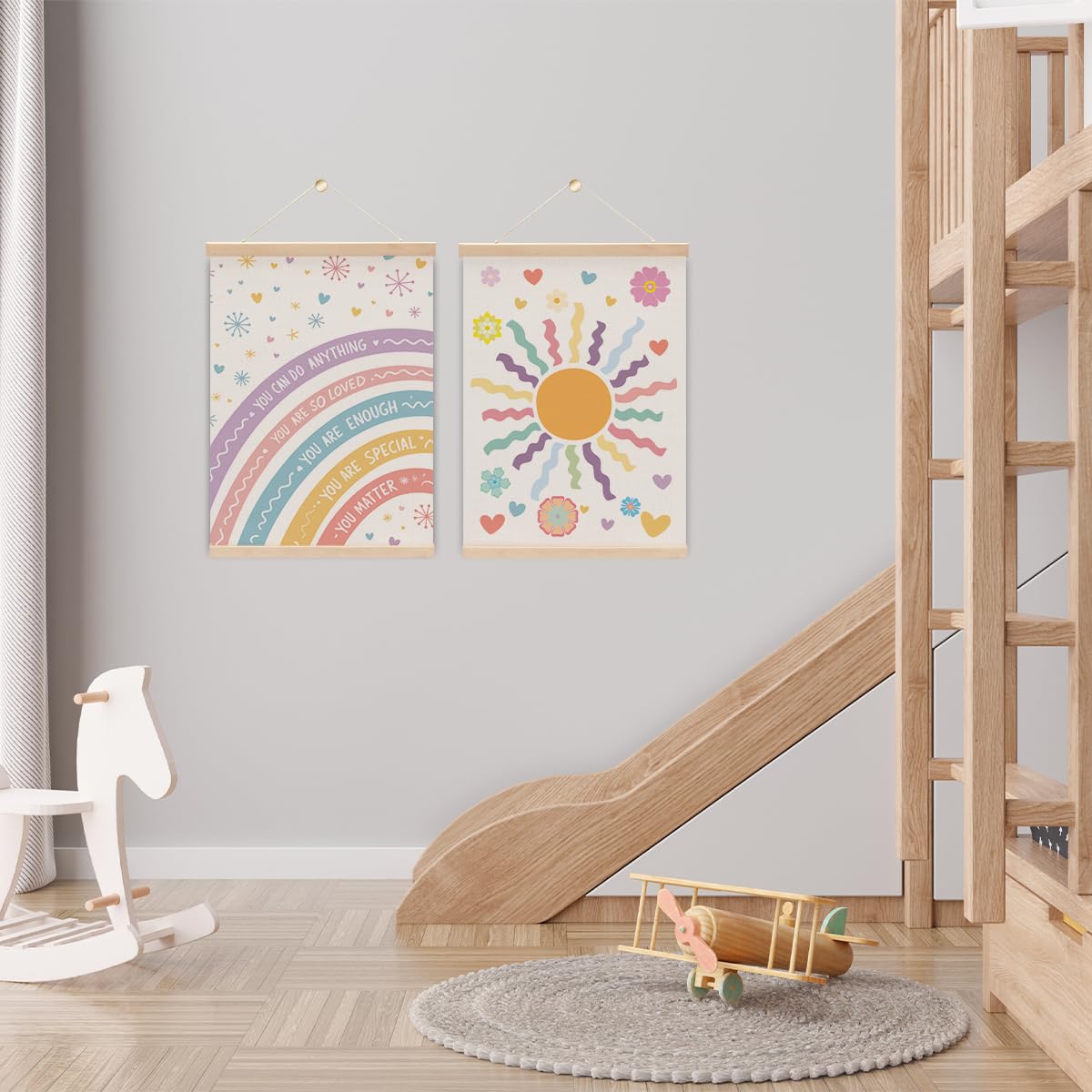 2PCS Nursery Girls Kids Room Poster Hanger, Boho Rainbow Flag Banner Nursery Wall Art Hanging Banner With Wooden Frames for Classroom Girls Playroom Bedroom Toddler Room Decor 15.8x11.8 Inch