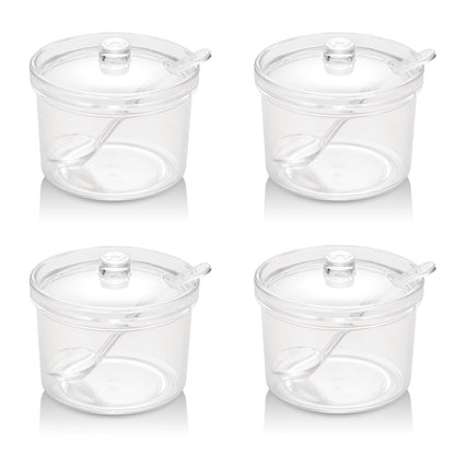 RAMFIYN Set of 4 Acrylic Sugar Bowl with Lid and Spoon, Clear Sugar Jar with Lid and Spoon, Cute Jars for Sugar, Salt, Tea, Condiment Server – 7oz