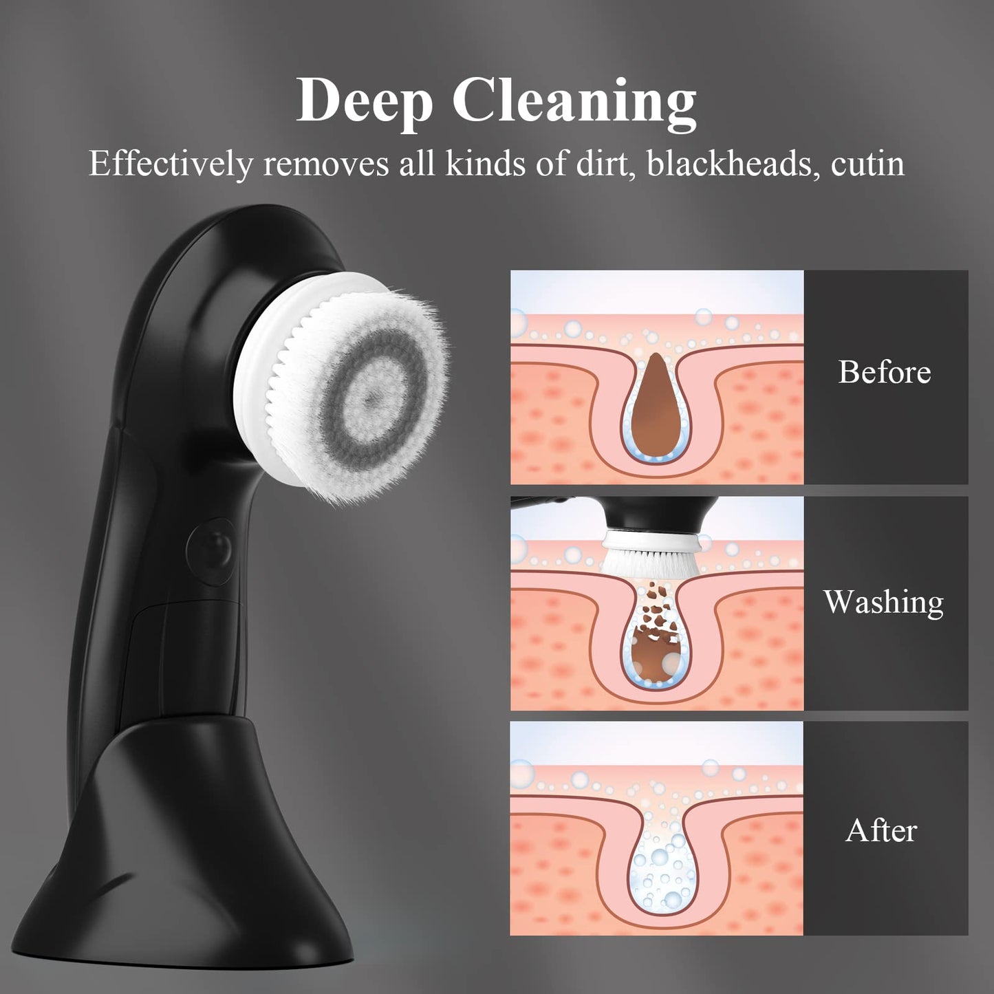 TOUCHBeauty Facial Cleansing Brush Electric, Face Cleansing Brush with Stand, 3 Brush Heads, 2 Speeds, IPX5 Waterproof, Battery-Powered, Suitable for All Skin Types, TB-0759D