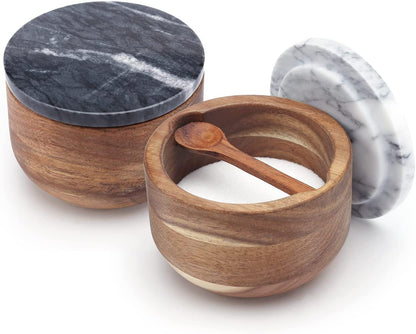KITCHENDAO Large Wood Salt and Pepper Box Bowl Set with Built-in Serving Spoon, Natural Solid Acacia Base, Big Capacity Salt Pepper Cellar Container Holder, 10oz Capacity Each, Black & Grey Marble Lid