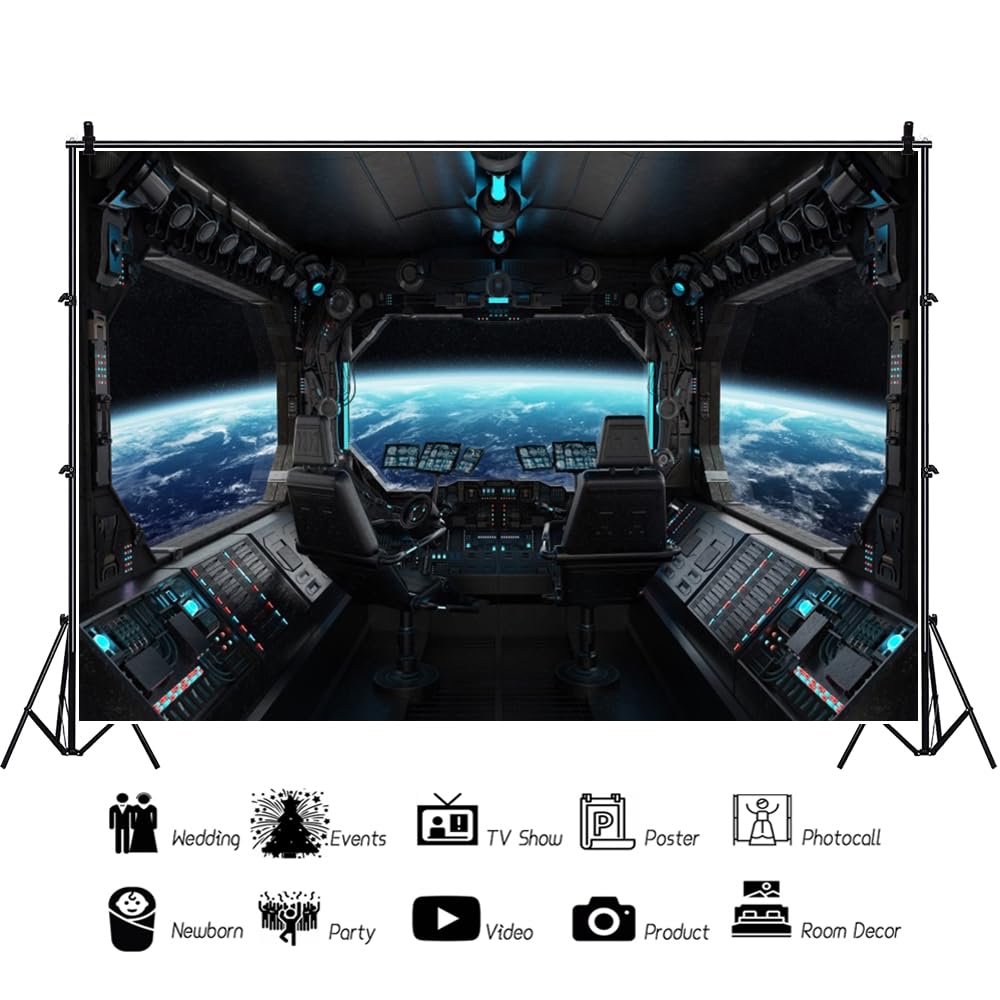 ZJRBJB 10x8ft Spaceship Station Interior Backdrop Outer Space Earth Futuristic Spacecraft Cabin Decorations Background Galaxy Universe Science Fiction Astronaut Adventure Birthday Banner Photo Booth