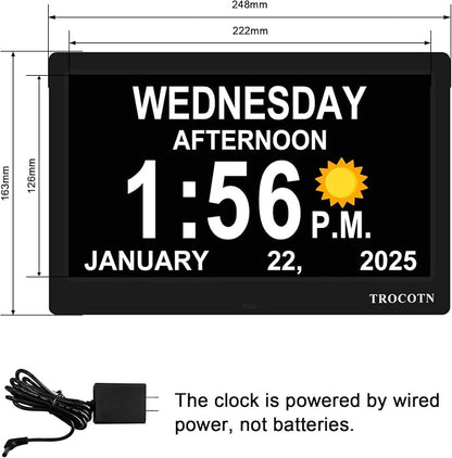 TROCOTN Dementia Clocks, Large Display Calendar Alarm Clock with Auto DST for Seniors, 5 Display Modes Large Font Digital Clock with Custom Alarms Day Date Clocks. (10 Inch Black)