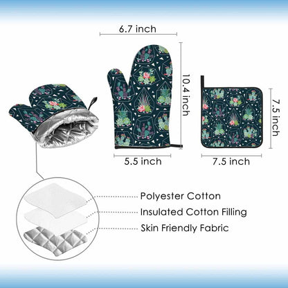 Samgula Green Plant Oven Mitts and Pot Holders Sets Succulents Cactuses in Glass Terrariums Heat Resistant 3pcs for Cooking Baking BBQ