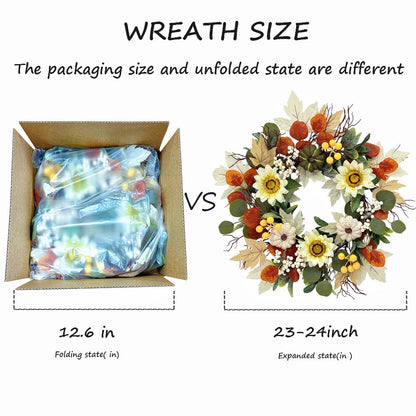 20 Inch Fall Sunflower Wreath for Front Door, Artificial Autumn Wreath with Pumpkins, Berries, White Sunflowers and Silk Leaves for Thanksgiving Farmhouse Home Window Wall Office Indoor Outdoor Decor