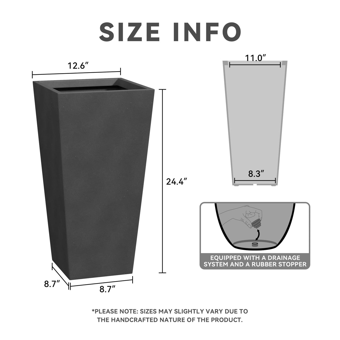 Kante 24.4" H Concrete Tall Tapered Planter Set of 2, Large Outdoor Indoor Garden Plant Pot with Drainage Hole and Rubber Plug Home and Patio, Burnished Black Finish