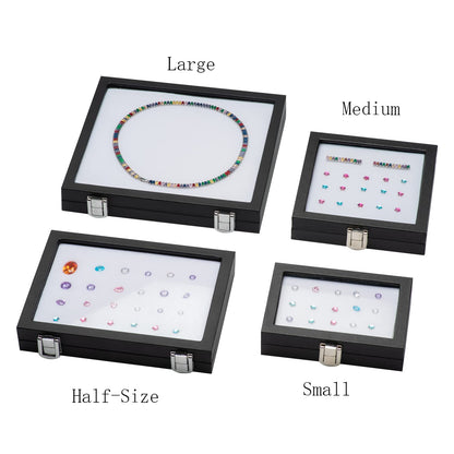Giftop Jewelry Display Case Tempered Glass Top Lid Black Leatherette,Gemstone Display Case Jewelry Storage Box with Metal Clasp (Large)