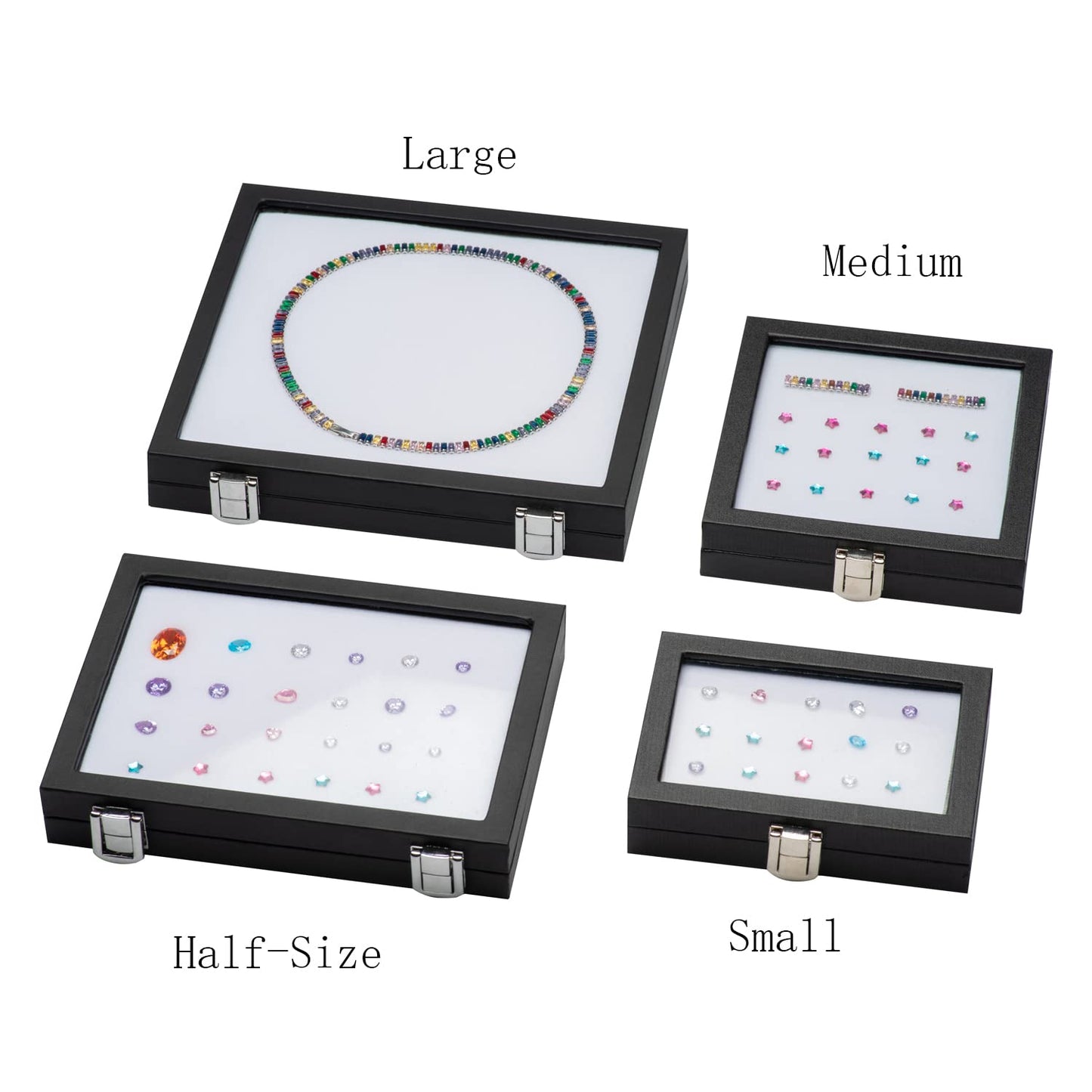 Giftop Jewelry Display Case Tempered Glass Top Lid Black Leatherette,Gemstone Display Case Jewelry Storage Box with Metal Clasp (Half-Size)