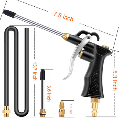 Brass Industrial Air Blower with Adjustable Nozzle, Universal Blow Hose & Steel Extensions - Air Compressor Dusting Tool
