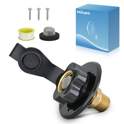 Nilight RV City Water Inlet with Check Valve 1/2" NPT Male to 3/4" GHT Female Brass City Water Fill Inlet Flange Connection Fittings for RV Camper Trailer Marine Hose Water Connector Replacement Black