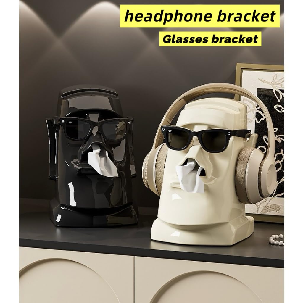 Xuirihusi Moai Tissue Box Holder with Headphone Holder, Suitable for Living Room, Bedroom and Other Desktop Storage Boxes, Green, Light Color, Black(Green)