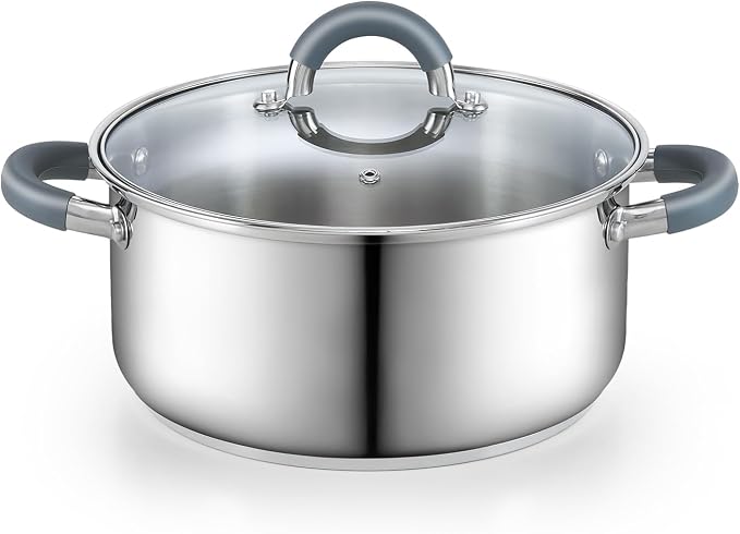 Cook N Home Basics 5.5 Quart Stainless Steel Stock Pot with Lid, Cooking Pot for Pasta, Soup, Stay-Cool Silicone Handle, Stockpot with Even Heating, Oven Safe, Cookware for Canning, Boiling, Simmer