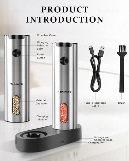 Electric Salt and Pepper Grinder Set with Rechargeable Base - Upgraded Large Capacity, Refillable Pepper Mill Set with LED Light & Adjustable Coarseness, Ideal for Kitchen, Outdoor (Polished Silver)