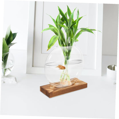 QUMIIRITY 2Pcs Hydroponic Glass Vase with Wooden Base, Plant Propagation Station for Home Office Balcony, Retro Style Plant Terrarium Holders for Indoor Gardening