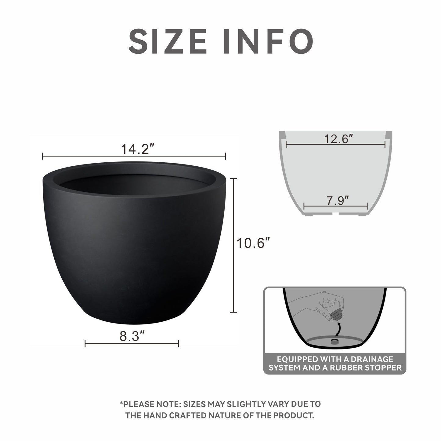 Kante 14.2 Inch Round Concrete Planter - Classic Large Indoor/Outdoor Plant Pot with Drainage Hole and Rubber Plug, Suitable for Gardens and Patios, Black