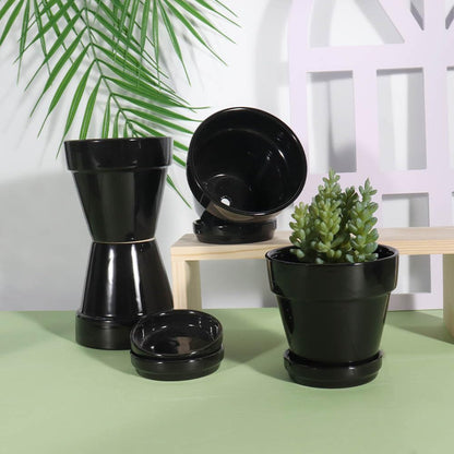 vensovo 4 Inch Black Ceramic Pots for Plant with Saucer - 6 Pack Small Ceramic Planter with Drainage Hole, Flowerpot with Tray, Great for Indoor Outdoor Plants, Crafts, Wedding Favor